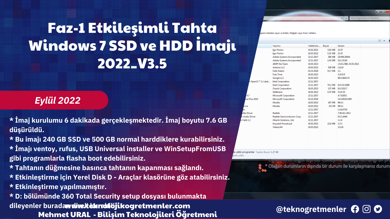 Faz-1 Etkileşimli Tahta Windows 7 SSD ve HDD İmajı 2022_V3.5 – Eylül 2022